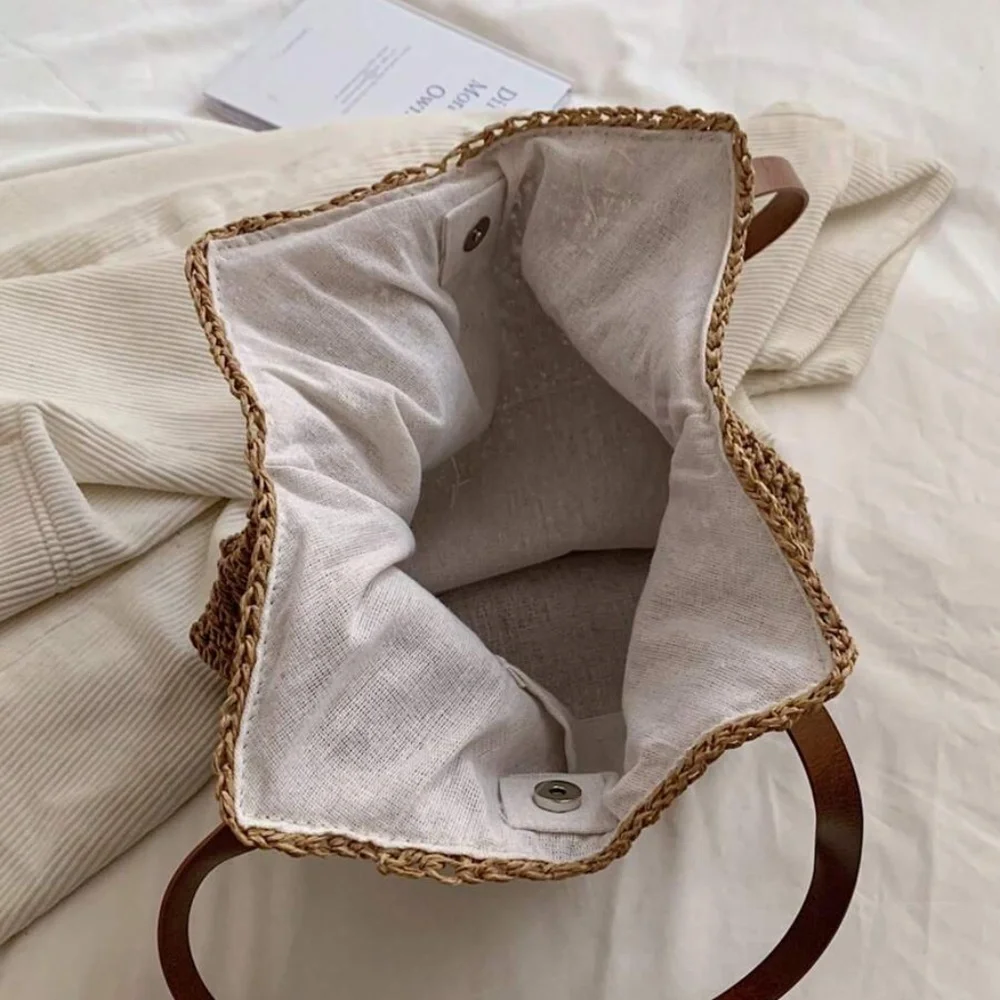 Boho Vegan Leather Strap Minimalist Straw Tote Bag - Picture 12 of 14